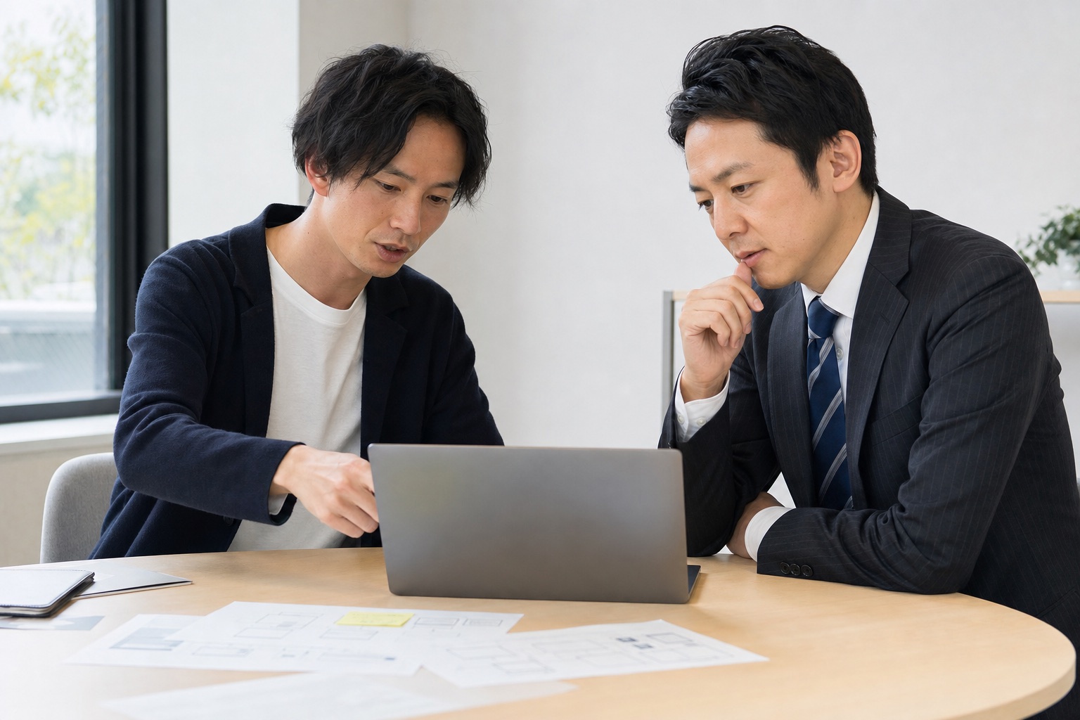 業務用ソフトウェアの画面を一緒に確認する社労士と開発者